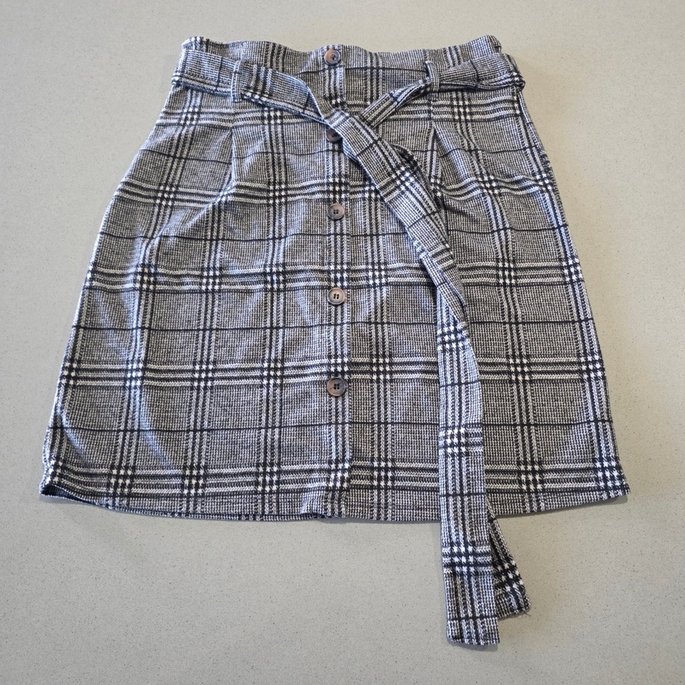 Downeast Plaid Button Front Paperbag Waist Mini Skirt Black White XL